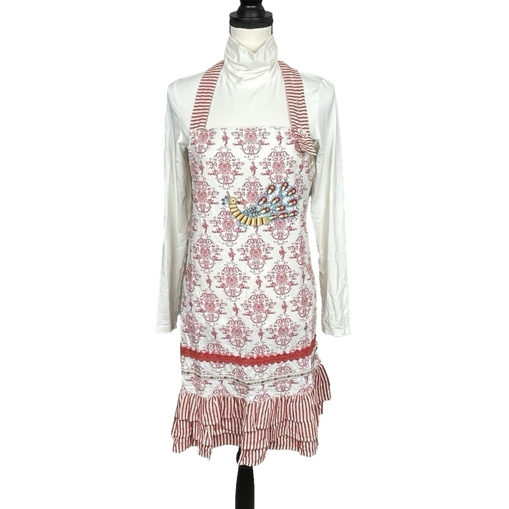 Sur La Table Embroidered Peacock Tier Ruffle‎ Hem Apron Retro Damask Shabby Chic